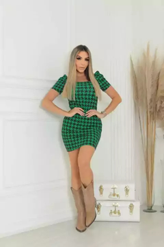 Vestido Curto Canelado Manga Bufante Pied De Poule Verde Esmeralda na internet