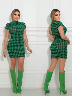 Vestido Curto Gola Alta Com Manguinha Pied De Poule Verde Esmeralda