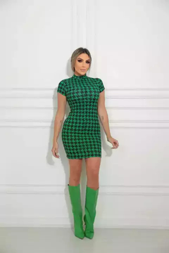 Vestido Curto Gola Alta Com Manguinha Pied De Poule Verde Esmeralda - Ímpeto Modas