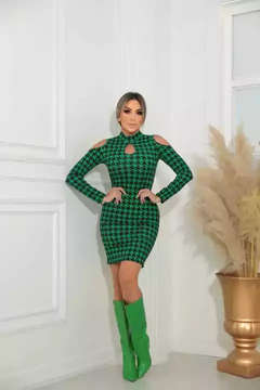 Vestido Curto Decote Gota Manga Longa Ombro Vazado Pied De Poule Preto Com Verde na internet