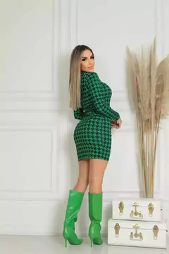 Vestido Midi Gola Alta Manga Longa Pied De Poule Preto Com Verde - loja online