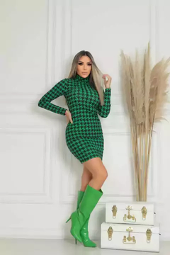 Imagem do Vestido Midi Gola Alta Manga Longa Pied De Poule Preto Com Verde