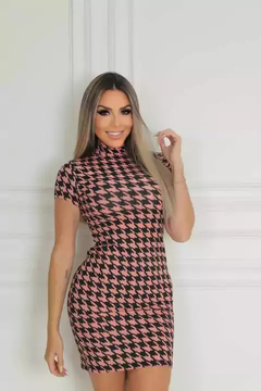 Vestido Curto Gola Alta Com Manguinha Pied De Poule Rosê - comprar online