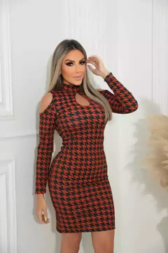 Vestido Curto Decote Gota Manga Longa Ombro Vazado Pied De Poule Preto Com Terracota na internet