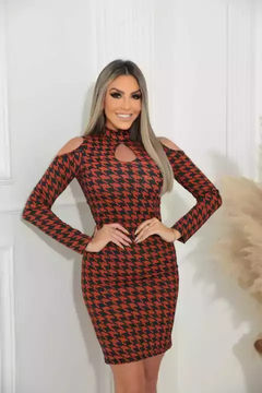 Vestido Curto Decote Gota Manga Longa Ombro Vazado Pied De Poule Preto Com Terracota - Ímpeto Modas