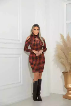 Vestido Curto Decote Gota Manga Longa Ombro Vazado Pied De Poule Preto Com Terracota - loja online