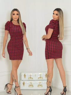 Vestido Curto Canelado Manga Bufante Pied De Poule Vermelho