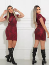 Vestido Curto Gola Alta Com Manguinha Pied De Poule Vermelho