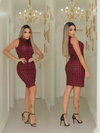 Vestido Midi Canelado Gola Alta Sem Manga Pied De Poule Vermelho