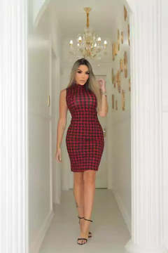 Imagem do Vestido Midi Canelado Gola Alta Sem Manga Pied De Poule Vermelho