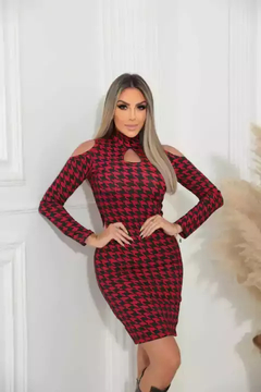 Vestido Curto Decote Gota Manga Longa Ombro Vazado Pied De Poule Preto Com Vermelho - comprar online