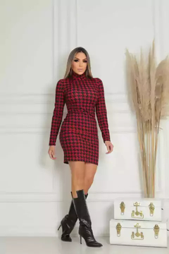 Vestido Midi Gola Alta Manga Longa Pied De Poule Preto Com Vermelho - Ímpeto Modas