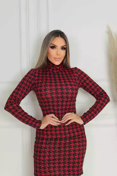 Vestido Midi Gola Alta Manga Longa Pied De Poule Preto Com Vermelho - loja online