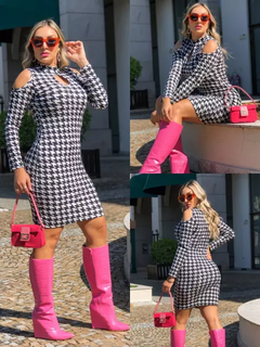 Vestido Curto Decote Gota Manga Longa Ombro Vazado Pied De Poule