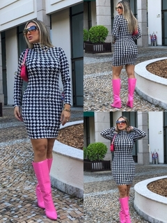 Vestido Midi Gola Alta Manga Longa Pied De Poule