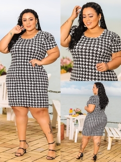 Vestido Midi Canelado Manga Bufante Plus Size Pied De Poule