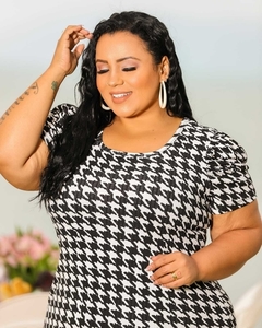 Vestido Midi Canelado Manga Bufante Plus Size Pied De Poule - Ímpeto Modas