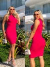 Vestido Midi Canelado Gola Alta Sem Manga Pink - comprar online