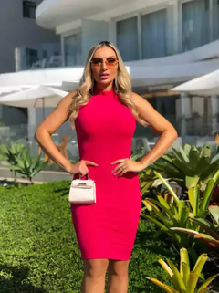 Vestido Midi Canelado Gola Alta Sem Manga Pink - loja online