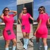 Vestido Curto Canelado Manga Bufante Pink Neon