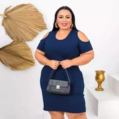 Vestido Midi Canelado Recorte Na Manga Plus Size Azul Marinho - comprar online