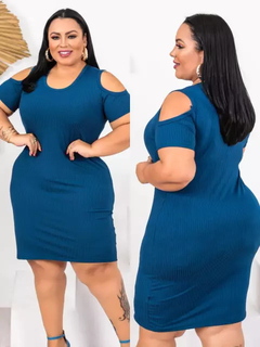 Vestido Midi Canelado Recorte Na Manga Plus Size Azul Petróleo - loja online