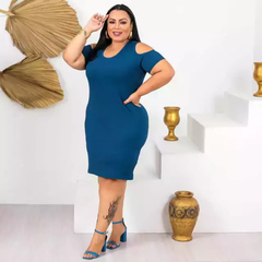 Vestido Midi Canelado Recorte Na Manga Plus Size Azul Petróleo - Ímpeto Modas