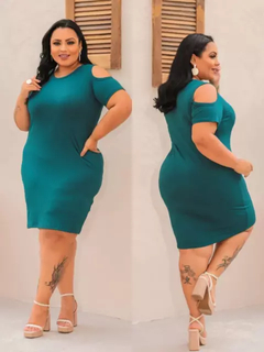 Vestido Midi Canelado Recorte Na Manga Plus Size Verde Jade