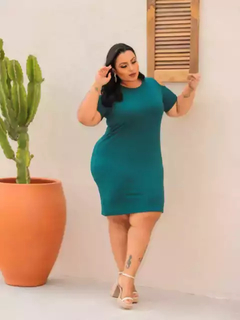 Vestido Midi Canelado Recorte Na Manga Plus Size Verde Jade na internet