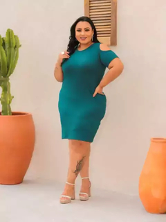 Vestido Midi Canelado Recorte Na Manga Plus Size Verde Jade - Ímpeto Modas