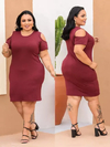 Vestido Midi Canelado Recorte Na Manga Plus Size Marsala