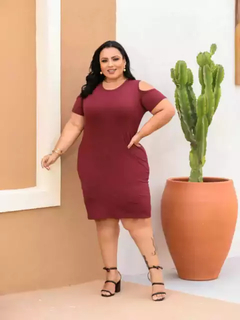 Vestido Midi Canelado Recorte Na Manga Plus Size Marsala - loja online