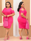 Vestido Midi Canelado Recorte Na Manga Plus Size Pink