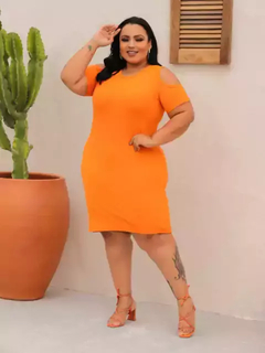 Imagem do Vestido Midi Canelado Recorte Na Manga Plus Size Tangerina