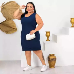 Vestido Midi Canelado Regata Plus Size Azul Marinho - Ímpeto Modas