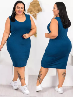 Vestido Midi Canelado Regata Plus Size Azul Petróleo