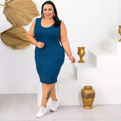 Vestido Midi Canelado Regata Plus Size Azul Petróleo - comprar online