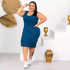 Vestido Midi Canelado Regata Plus Size Azul Petróleo na internet