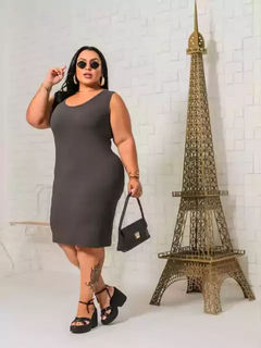 Vestido Midi Canelado Regata Plus Size Chumbo - Ímpeto Modas