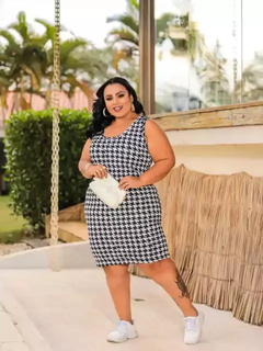 Vestido Midi Canelado Regata Plus Size Pied De Poule - Ímpeto Modas