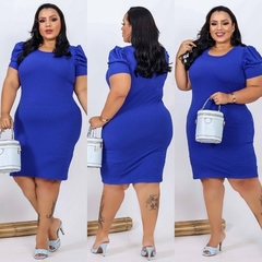 Vestido Midi Canelado Manga Bufante Plus Size Azul Bic