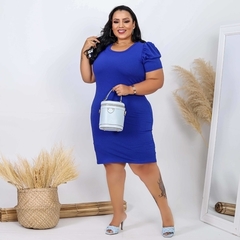 Vestido Midi Canelado Manga Bufante Plus Size Azul Bic - loja online