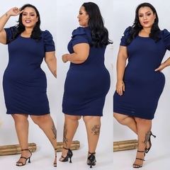 Vestido Midi Canelado Manga Bufante Plus Size Azul Marinho