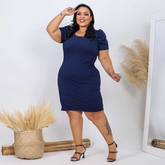 Vestido Midi Canelado Manga Bufante Plus Size Azul Marinho - Ímpeto Modas