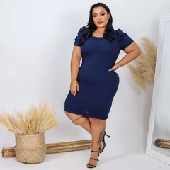 Vestido Midi Canelado Manga Bufante Plus Size Azul Marinho - loja online