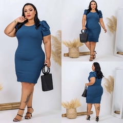 Vestido Midi Canelado Manga Bufante Plus Size Azul Petróleo