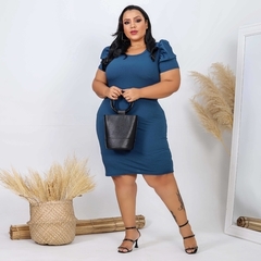 Vestido Midi Canelado Manga Bufante Plus Size Azul Petróleo na internet