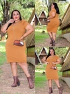 Vestido Midi Canelado Manga Bufante Plus Size Caramelo