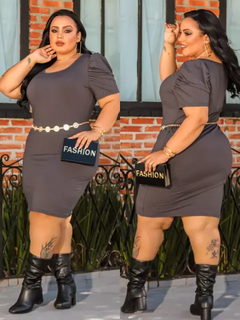 Vestido Midi Canelado Manga Bufante Plus Size Chumbo