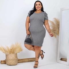 Vestido Midi Canelado Manga Bufante Plus Size Cinza - Ímpeto Modas